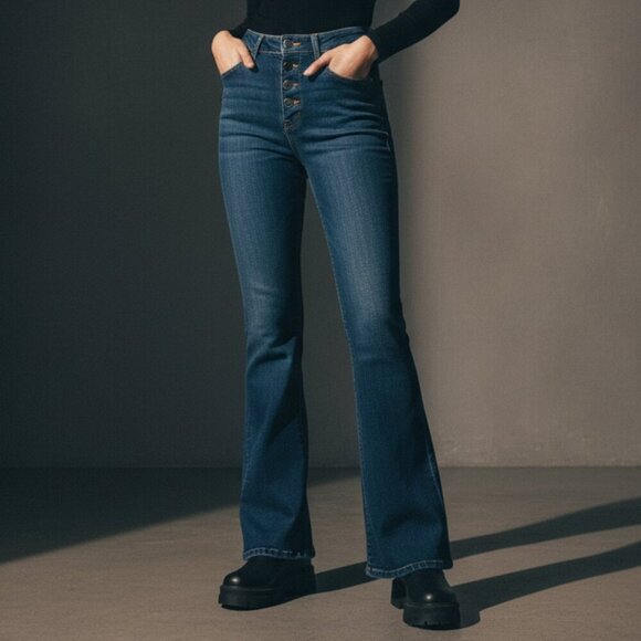 harper heritage Denim - Harper Heritage High Rise Flare Mid Dark Wash Buttoned Denim Jeans EUC Size 27